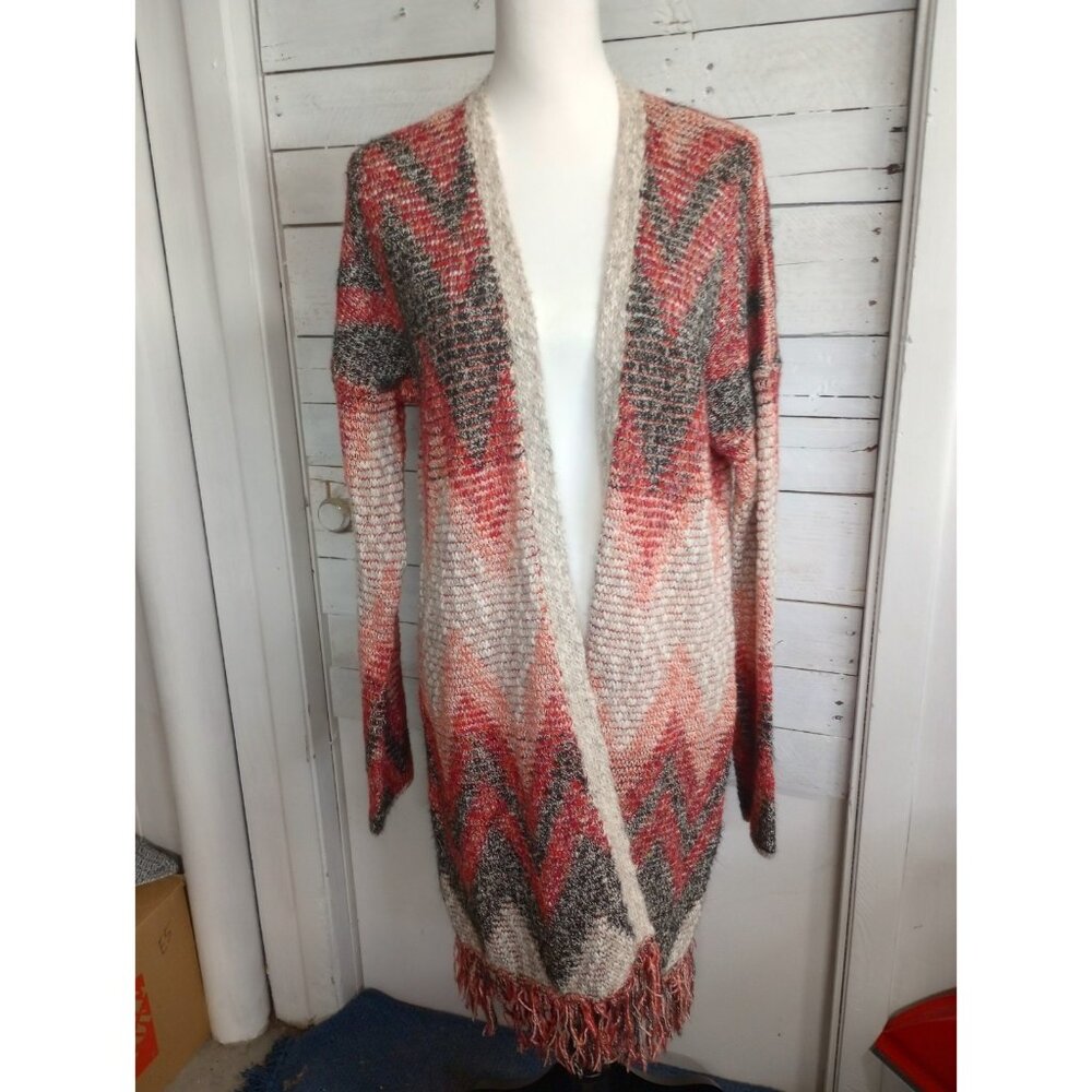 Lucky Brand Southwestern Chevron Knit Fringe Duster Cardigan Sweater Size XL *